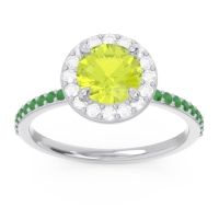 Peridot Ring In Palladium With Diamond And Emerald Citraka Round Halo Ring