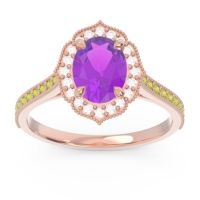 Amethyst Ring In 14K Rose Gold With Diamond And Peridot Kothari Oval Halo Ring