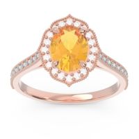 Citrine Ring In 14K Rose Gold With Diamond And Aquamarine Kothari Oval Halo Ring