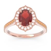 Garnet Ring In 14K Rose Gold With Diamond And Citrine Kothari Oval Halo Ring