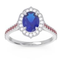Lab Blue Sapphire Ring In 14k White Gold With Lab Diamond And Ruby Kothari Oval Halo Ring