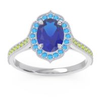 Lab Blue Sapphire Ring In Palladium With Swiss Blue Topaz And Peridot Kothari Oval Halo Ring