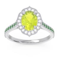 Peridot Ring In Palladium With Diamond And Emerald Kothari Oval Halo Ring
