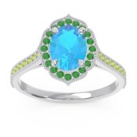 Swiss Blue Topaz Ring In 14k White Gold With Emerald And Peridot Kothari Oval Halo Ring