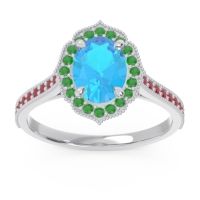 Swiss Blue Topaz Ring In 14k White Gold With Emerald And Ruby Kothari Oval Halo Ring