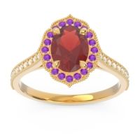Garnet Engagement Ring In 18k Yellow Gold With Amethyst And Diamond - Kothari Oval Halo Ring