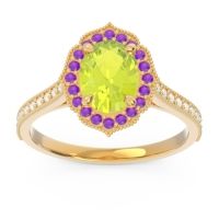Peridot Engagement Ring In 14k Yellow Gold With Amethyst And Diamond - Kothari Oval Halo Ring