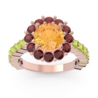 Citrine Ring In 14K Rose Gold With Garnet And Peridot Varida Round Halo Ring
