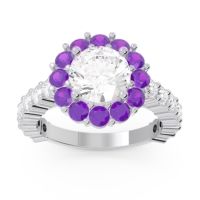 Diamond Ring In 14k White Gold With Amethyst And Lab Diamond Varida Round Halo Ring