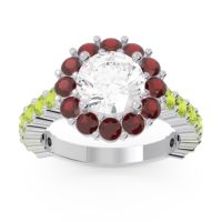 Diamond Ring In 14k White Gold With Garnet And Peridot Varida Round Halo Ring