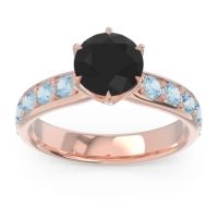 Black Onyx Ring In 14K Rose Gold With Lab Diamond And Aquamarine Hara Round Classic Ring