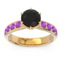 Black Onyx Ring In 14k Yellow Gold With Emerald And Amethyst Hara Round Classic Ring
