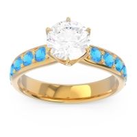 Diamond Ring In 14k Yellow Gold With Pink Tourmaline And Swiss Blue Topaz Hara Round Classic Ring