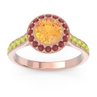 Citrine Ring In 14K Rose Gold With Garnet And Peridot Paksman Round Halo Ring