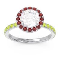Diamond Ring In 14k White Gold With Garnet And Peridot Attala Round Halo Ring