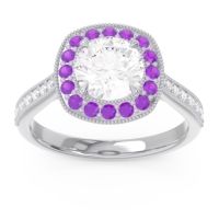 Diamond Ring In 14k White Gold With Amethyst And Lab Diamond Drumara Round Halo Ring