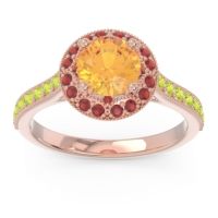 Citrine Ring In 14K Rose Gold With Garnet And Peridot Savitri Round Halo Ring