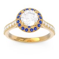 Lab Diamond Engagement Ring In 14k Yellow Gold With Blue Sapphire And Diamond - Savitri Round Halo Ring