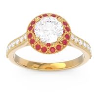 Lab Diamond Engagement Ring In 14k Yellow Gold With Ruby And Diamond - Savitri Round Halo Ring