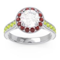 Diamond Ring In 14k White Gold With Garnet And Peridot Himsira Round Halo Ring