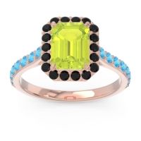 Peridot Ring In 14K Rose Gold With Black Onyx And Swiss Blue Topaz Maragata Emerald Halo Ring