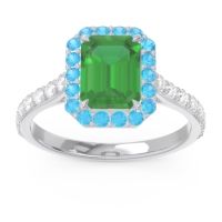 Emerald Engagement Ring In 14k White Gold With Swiss Blue Topaz And Diamond - Maragata Emerald Halo Ring