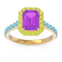Amethyst Ring In 14k Yellow Gold With Peridot And Swiss Blue Topaz Maragata Emerald Halo Ring
