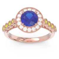 Lab Blue Sapphire Ring In 14K Rose Gold With Diamond And Peridot Yojana Round Halo Ring