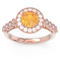 Citrine Ring In 14K Rose Gold With Diamond And Aquamarine Yojana Round Halo Ring