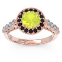Peridot Ring In 14K Rose Gold With Black Onyx And Swiss Blue Topaz Yojana Round Halo Ring