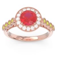 Lab Ruby Ring In 14K Rose Gold With Diamond And Peridot Yojana Round Halo Ring