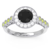 Black Onyx Ring In 14k White Gold With Diamond And Peridot Yojana Round Halo Ring