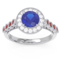 Lab Blue Sapphire Ring In 14k White Gold With Lab Diamond And Garnet Yojana Round Halo Ring