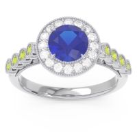Lab Blue Sapphire Ring In 14k White Gold With Lab Diamond And Peridot Yojana Round Halo Ring