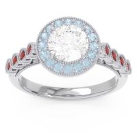Lab Diamond Ring In 14k White Gold With Aquamarine And Garnet Yojana Round Halo Ring