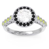Lab Diamond Ring In 14k White Gold With Black Onyx And Peridot Yojana Round Halo Ring