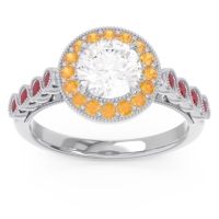 Lab Diamond Ring In 14k White Gold With Citrine And Ruby Yojana Round Halo Ring
