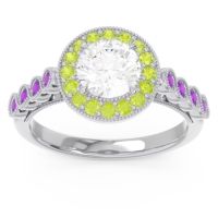 Lab Diamond Ring In 14k White Gold With Peridot And Amethyst Yojana Round Halo Ring