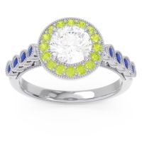 Lab Diamond Ring In 14k White Gold With Peridot And Blue Sapphire Yojana Round Halo Ring