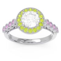 Lab Diamond Ring In 14k White Gold With Peridot And Pink Tourmaline Yojana Round Halo Ring