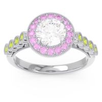 Lab Diamond Ring In 14k White Gold With Pink Tourmaline And Peridot Yojana Round Halo Ring