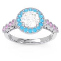 Lab Diamond Ring In 14k White Gold With Swiss Blue Topaz And Pink Tourmaline Yojana Round Halo Ring
