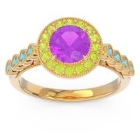 Amethyst Ring In 14k Yellow Gold With Peridot And Swiss Blue Topaz Yojana Round Halo Ring