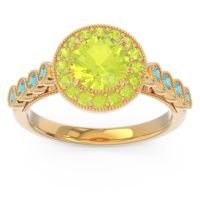 Peridot Ring In 14k Yellow Gold With Swiss Blue Topaz Yojana Round Halo Ring