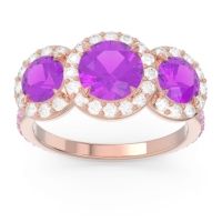 Amethyst Ring In 14K Rose Gold With Diamond And Pink Tourmaline Abhra Round Three-stone Ring