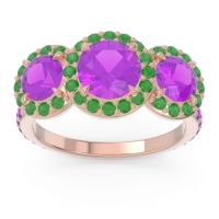Amethyst Ring In 18K Rose Gold With Emerald Abhra Round Three-stone Ring