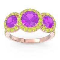 Amethyst Ring In 14K Rose Gold With Peridot Abhra Round Three-stone Ring