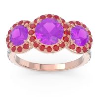 Amethyst Ring In 14K Rose Gold With Ruby And Aquamarine Abhra Round Three-stone Ring