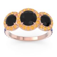 Black Onyx Ring In 14K Rose Gold With Citrine And Blue Sapphire Abhra Round Three-stone Ring