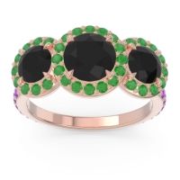 Black Onyx Ring In 18K Rose Gold With Emerald And Amethyst Abhra Round Three-stone Ring